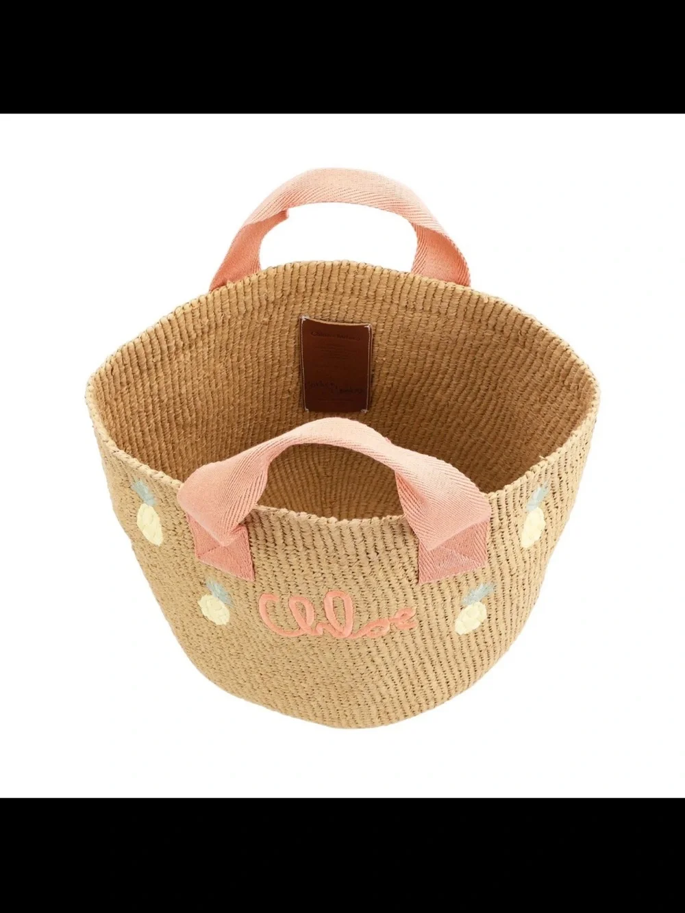 Chloe Woven Straw Tote with Pink Handles and Pineapple Motif